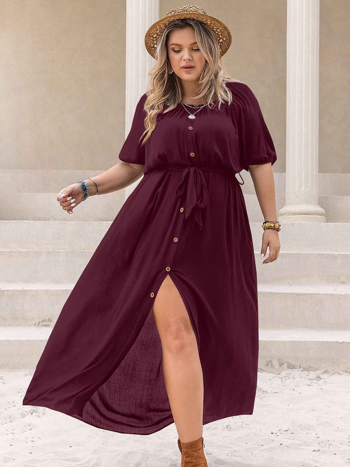 Plus Size Round Neck Slit Dress