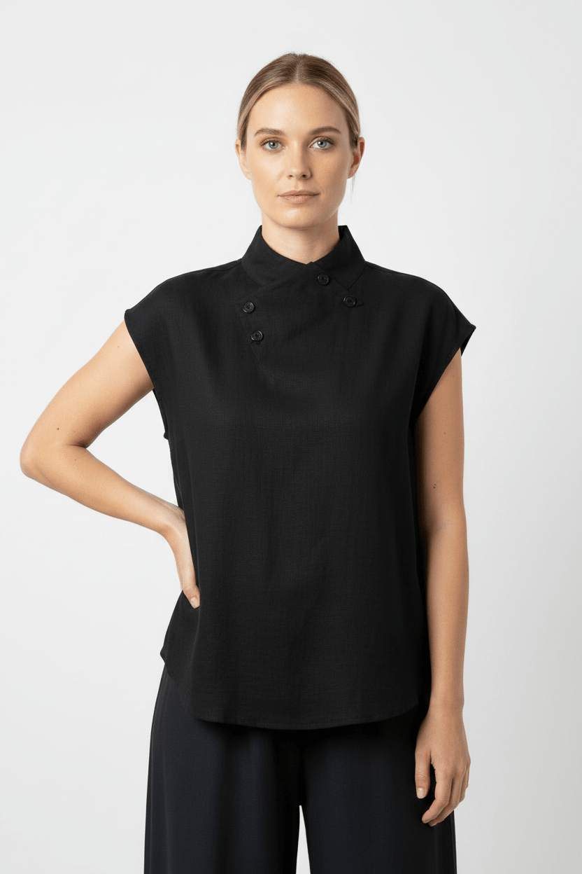 Woman wearing a black sleeveless top with buttons on a white background