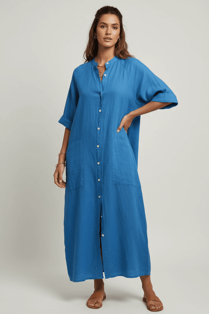 women_fashion - littlescollectionMidi dress linenSienna Linen Button - Down Midi Shirt Dress with Patch Pocketsbreathable dress