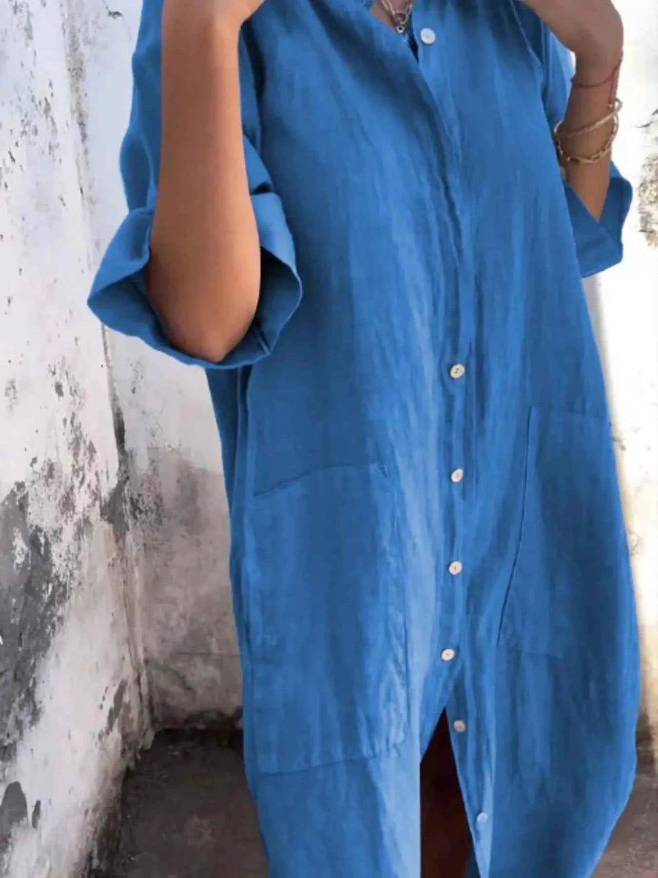 blue linen dress with band collar, button front