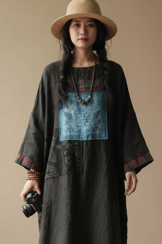Willow Patchwork Linen Midi Dress Women