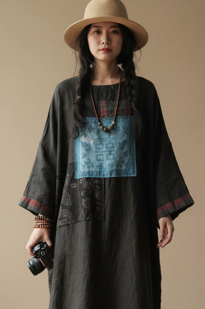 Willow Patchwork Linen Midi Dress Women