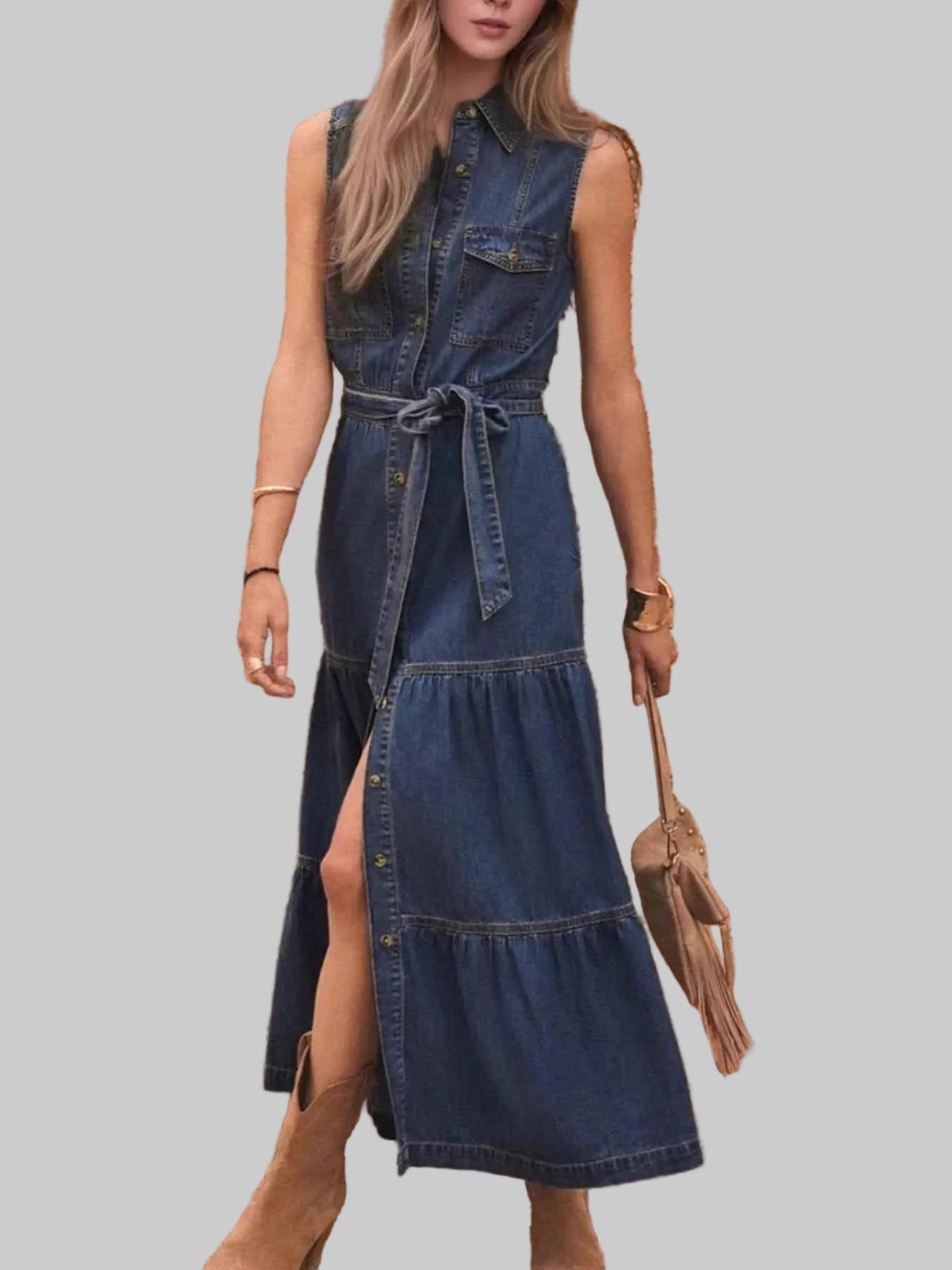 Button Front Sleeveless Denim Dress