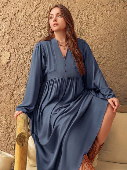Plus Size Lace Detail Notched  Long Dress