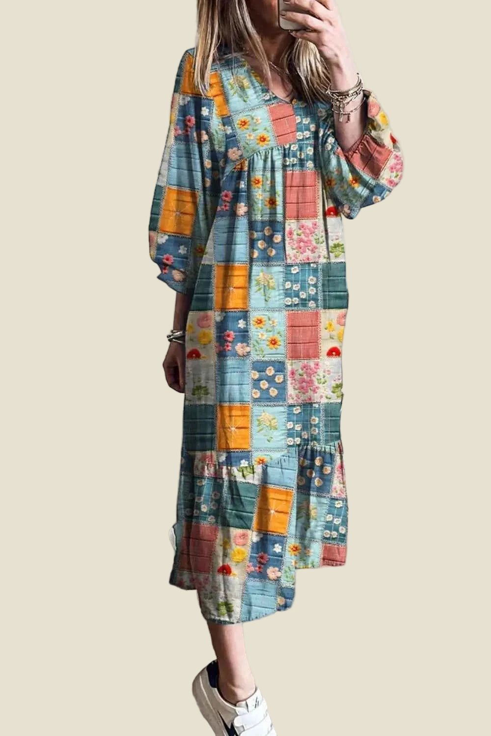 women_fashion - littlescollectionCotton dressFloral Boho Checkered Cotton V - Neck Dress