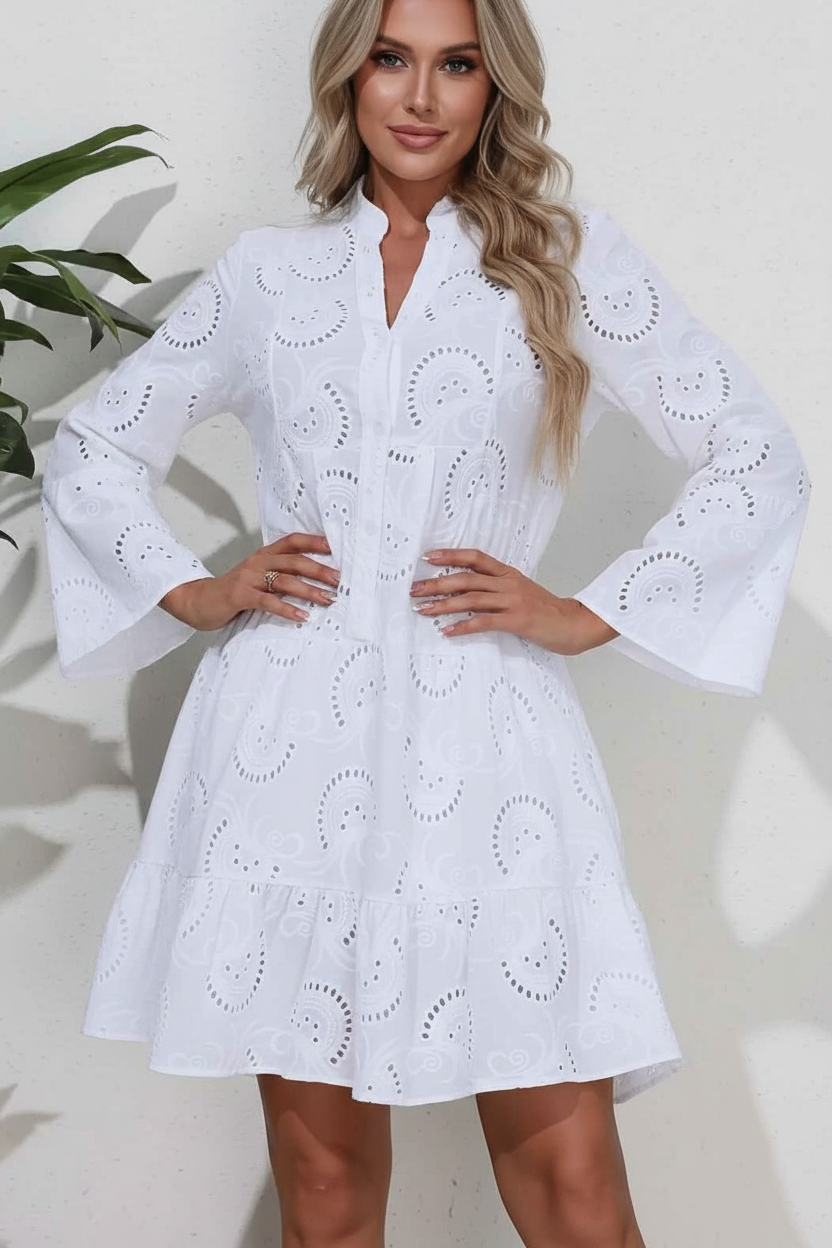 Eyelet Ruffle Hem Flared Dress Long Sleeve Women