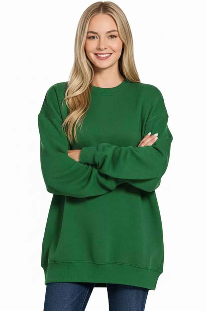 women_fashion - littlescollectionwomen sweaterGreen Oversized Round Neck Fleece Tunic Sweatshirt