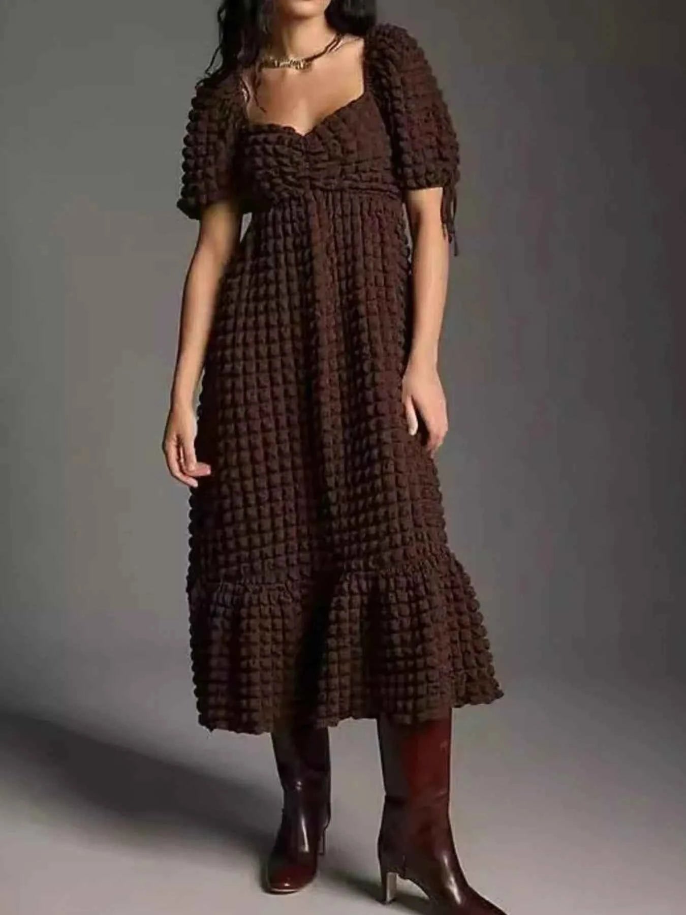 women_fashion - littlescollectionDressSweetheart Neck Puff Sleeve Vintage Textured DressShipping delay Feb 1 - Mar 1