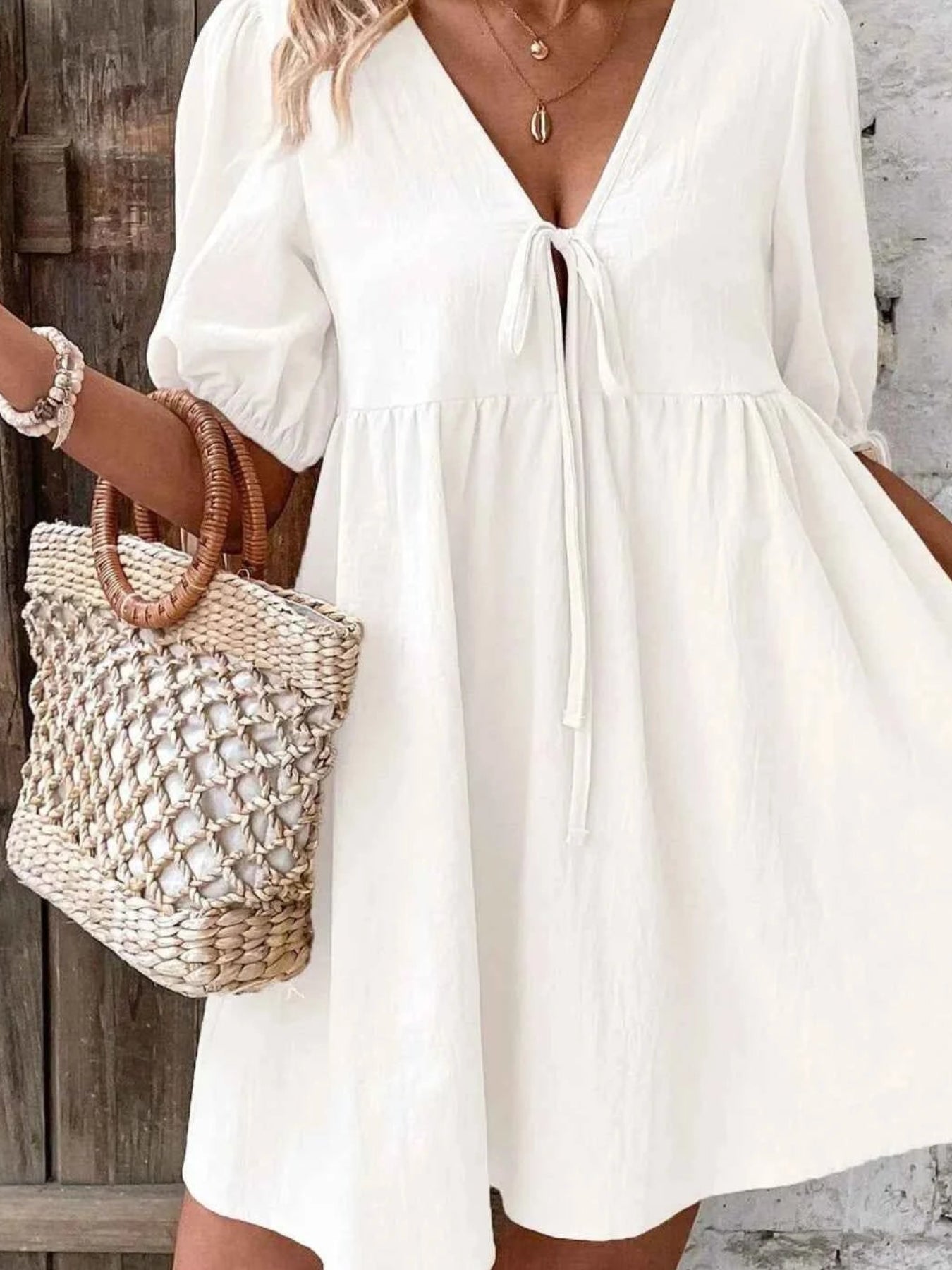 women_fashion - littlescollectionCotton dressV - Neck Tie - Front Mini Dress with Puff Sleeveslittlescollection