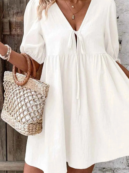 women_fashion - littlescollectionCotton dressV - Neck Tie - Front Mini Dress with Puff Sleeveslittlescollection