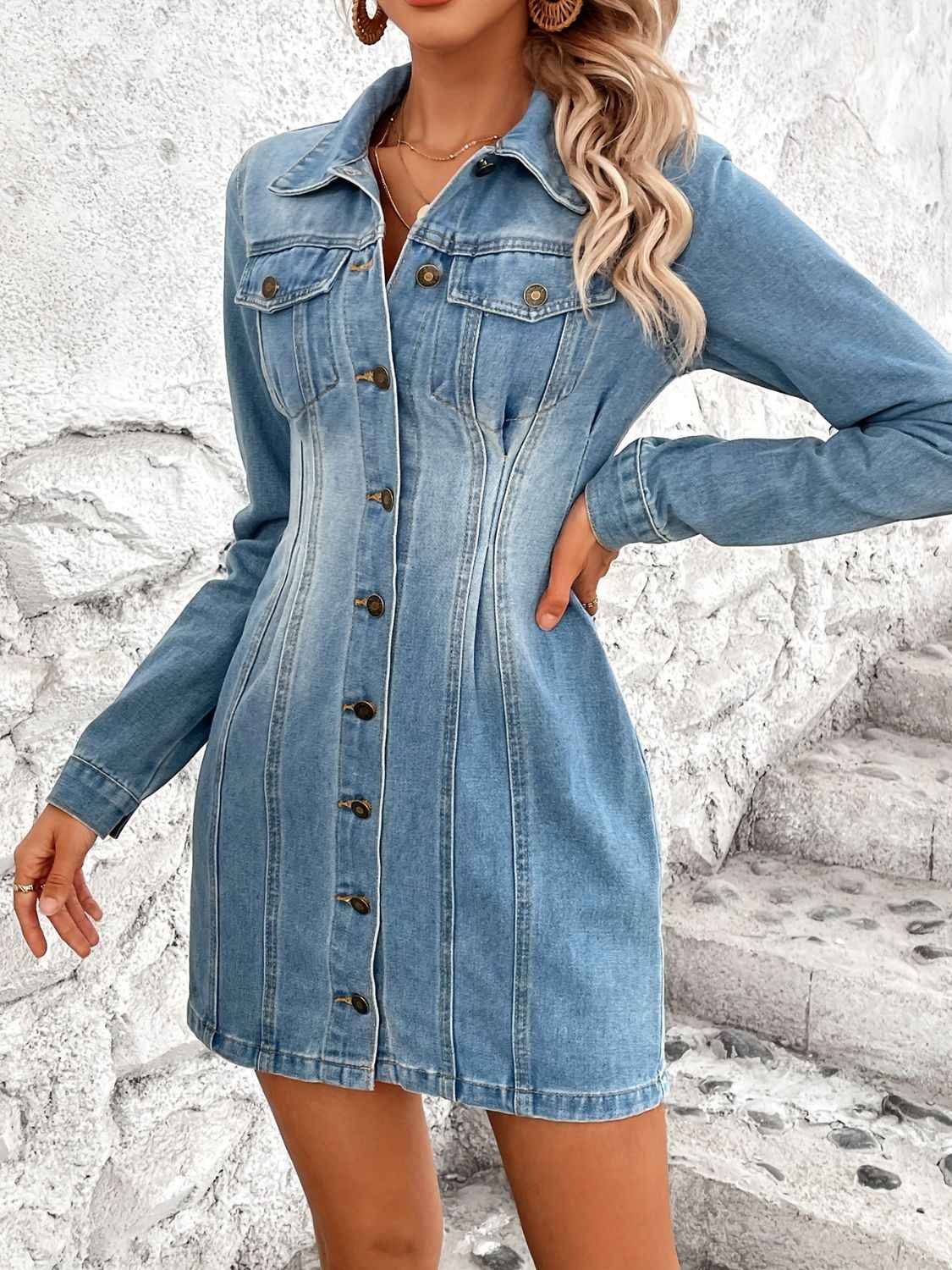 Pocketed Button Up Washed Denim Dress