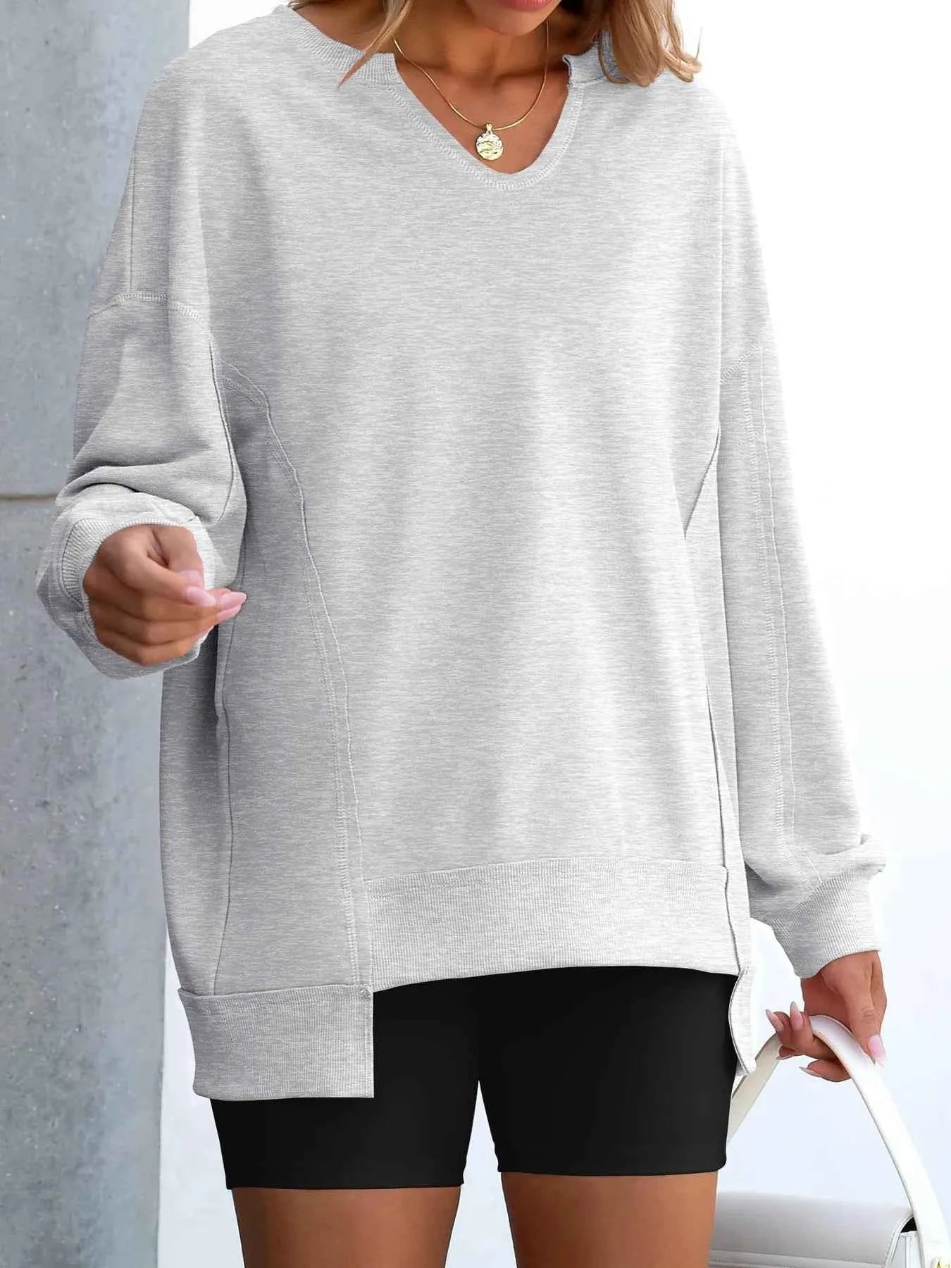 women_fashion - littlescollectionSweatshirt womenNotched Long Sleeve Oversized Contrast Trimming SweatshirtShip From Overseas
