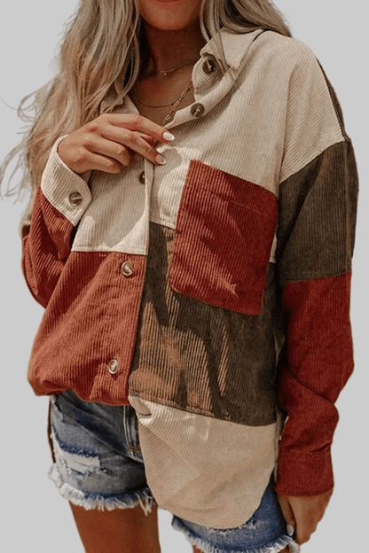 women_fashion - littlescollectionShacketColor Block Boho Curved Hem Corduroy Shacket with Pocketjacketswomen fashion
