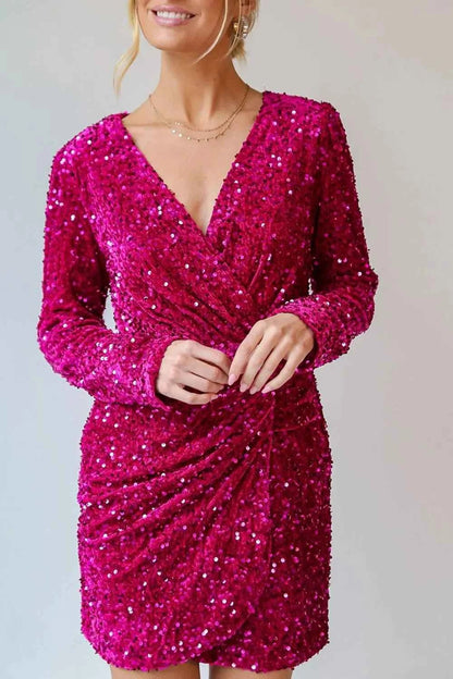 women_fashion - littlescollectionmini dressSequin Surplice Long Sleeve Mini DressSequin dress