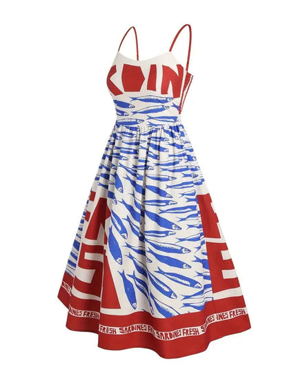 women_fashion - Sardine Print Spaghetti Strap Midi  Smocked Summer Dress midi dress