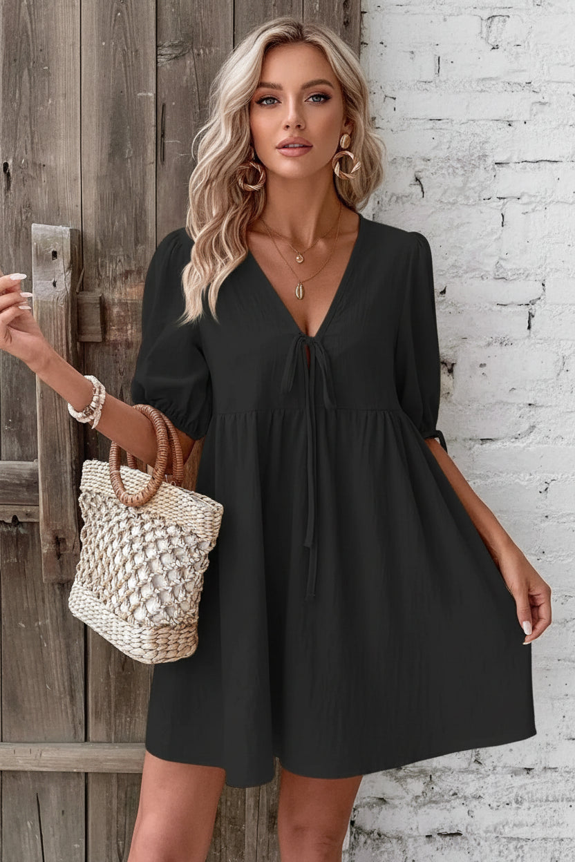 women_fashion - littlescollectionCotton dressV - Neck Tie - Front Mini Dress with Puff Sleeveslittlescollection