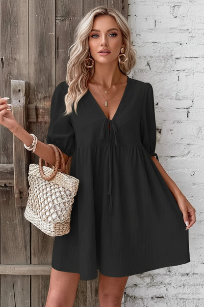 women_fashion - littlescollectionCotton dressV - Neck Tie - Front Mini Dress with Puff Sleeveslittlescollection