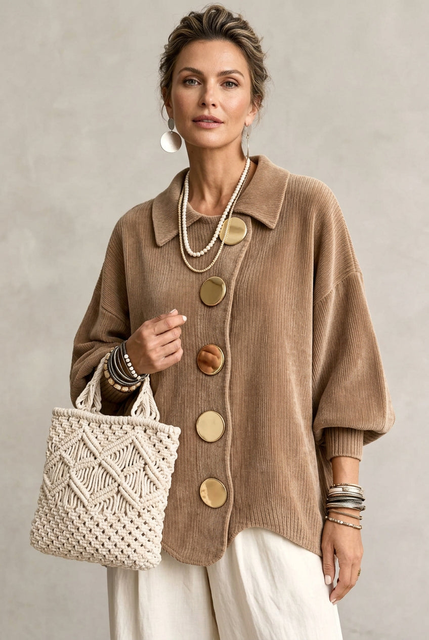 A person wearing an oversized taupe-brown ribbed knit cardigan with large round gold-tone buttons, styled with layered pearl necklaces, bracelets, and white pants against a neutral studio background.