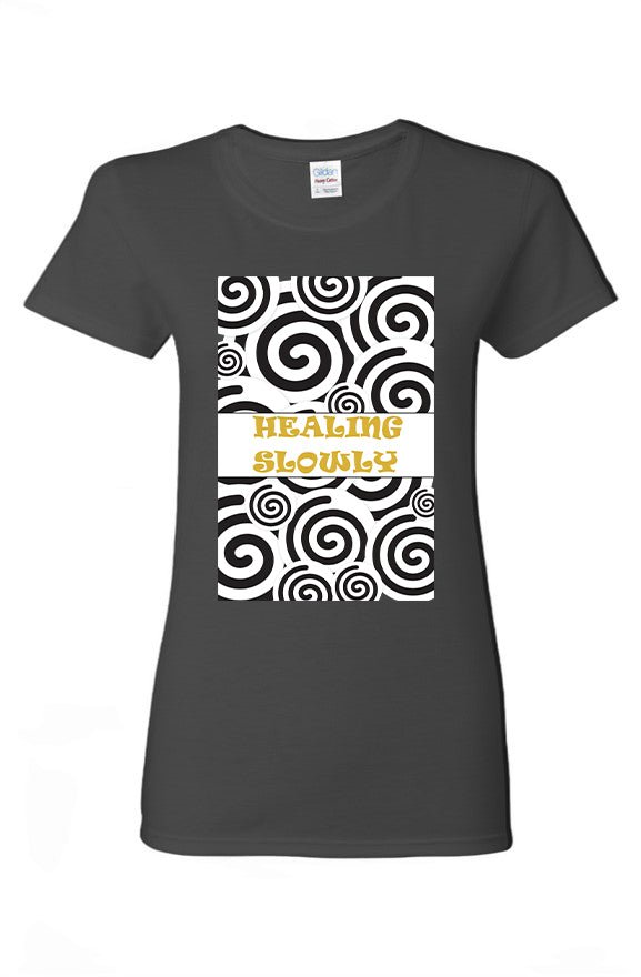 A dark gray short-sleeve t-shirt with a graphic print on the front. The print features a white rectangular center with the phrase &