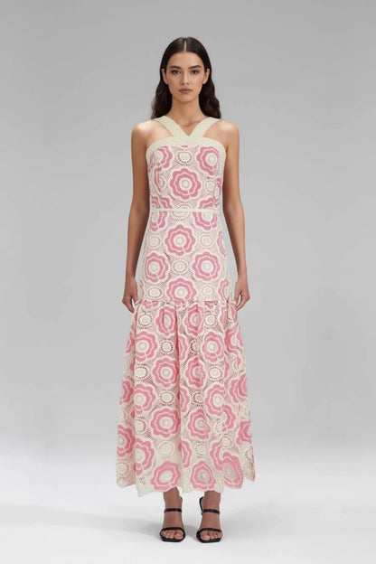  cotton pink dress halter neck midi