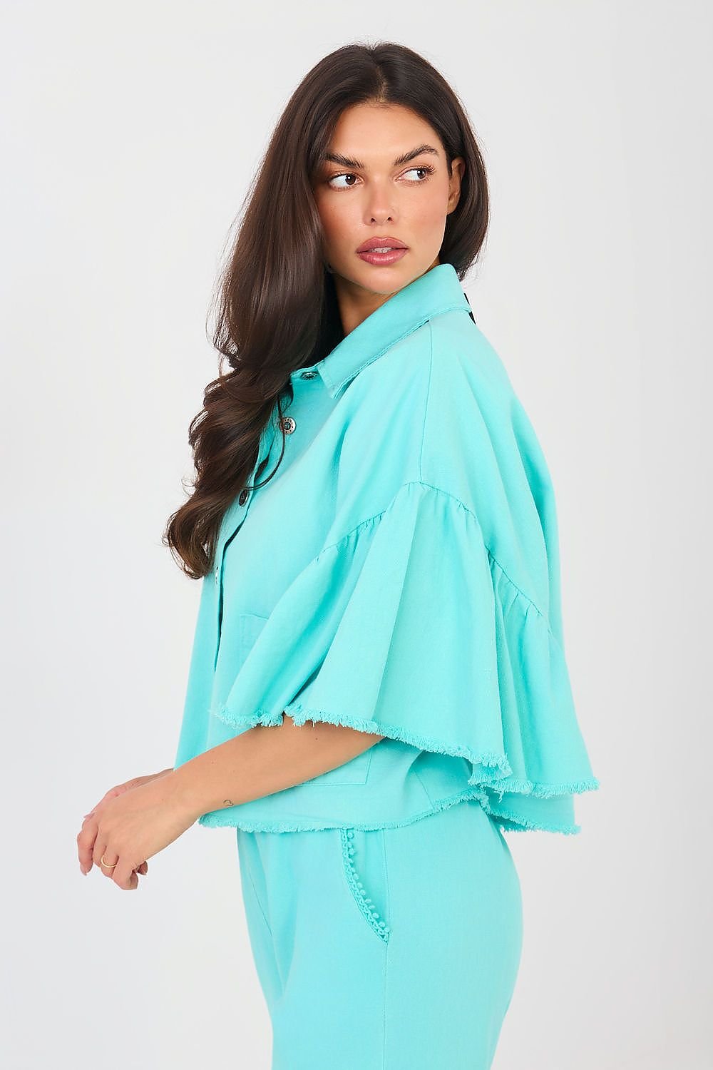 women_fashion - littlescollectionDenim JacketsDenim Cropped Ruffle Sleeve Cotton Jacket WomenMatterhorn_Color_blue