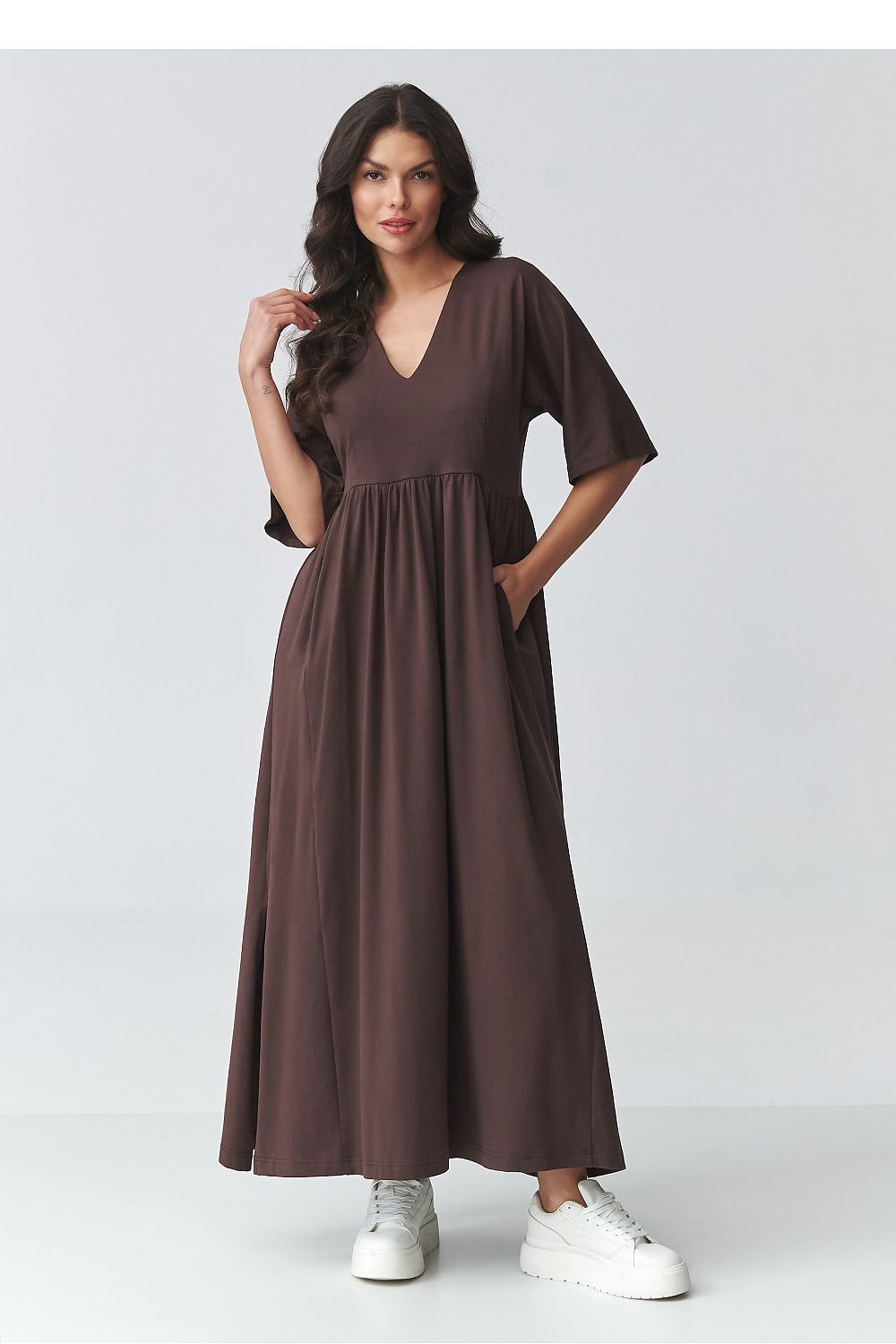 women_fashion - littlescollectionDressV - Neck Maxi Daydress | Waistline Cut Cotton Blendmaxi dress