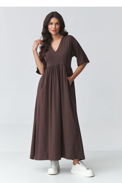 women_fashion - littlescollectionDressV - Neck Maxi Daydress | Waistline Cut Cotton Blendmaxi dress