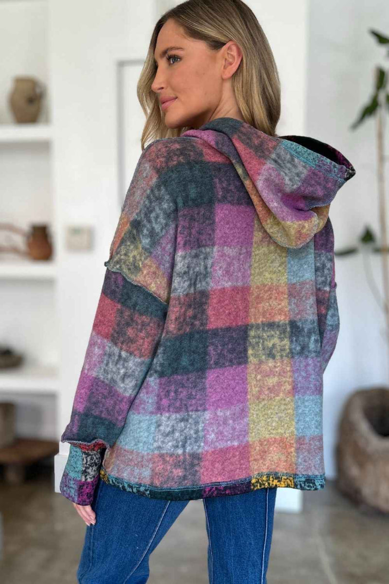 DT Plaid Dropped Shoulder Fleece Hoodie