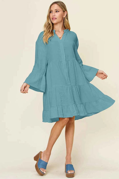 women_fashion - littlescollectionCotton dressTexture Button Up Ruffle Hem Cotton Dress Plus SizeBaggy dress cotton