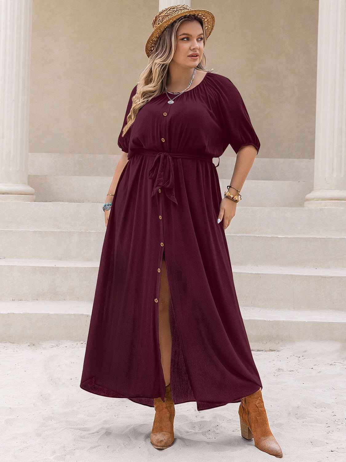 Plus Size Round Neck Slit Dress