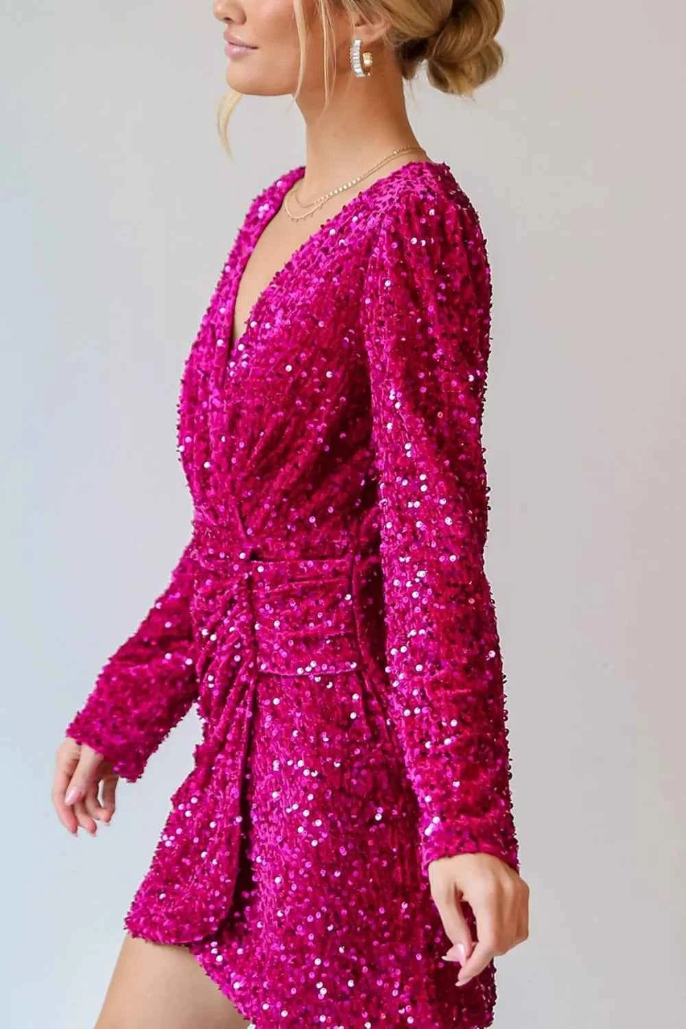 women_fashion - littlescollectionmini dressSequin Surplice Long Sleeve Mini DressSequin dress