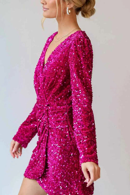 women_fashion - littlescollectionmini dressSequin Surplice Long Sleeve Mini DressSequin dress