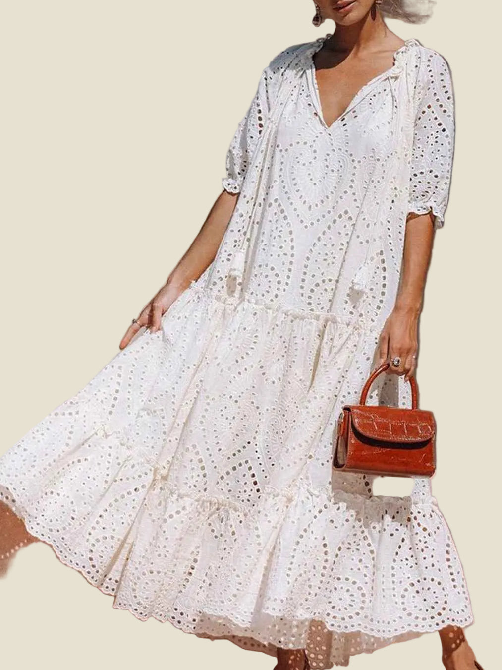 Tie Neck Half Sleeve Tiered White Dress