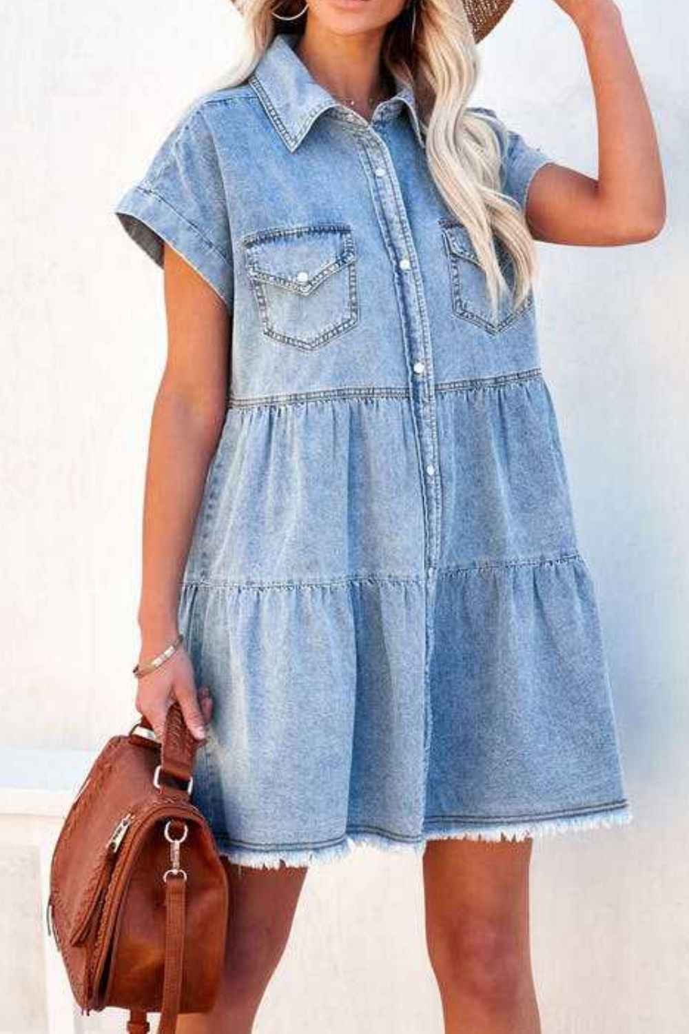 Raw Hem Frilled Cotton Denim Mini Dress