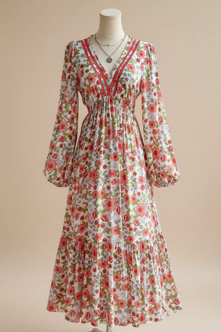 Floral dress on a mannequin against a plain background