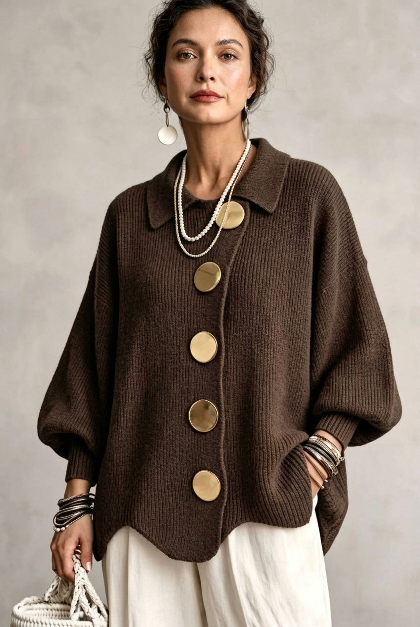 A woman wearing a dark brown ribbed knit cardigan sweater with oversized round gold-tone buttons, paired with white pants and layered pearl necklaces, against a neutral gray background.
