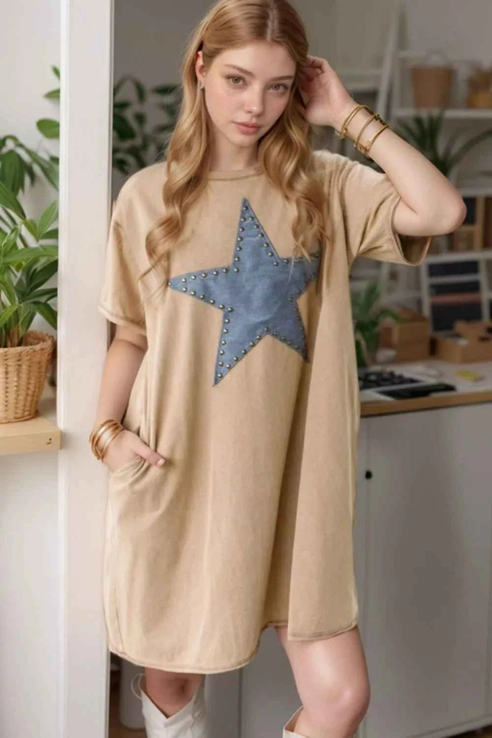 Stud Beaded Star Pocket Cotton Shirt Dress
