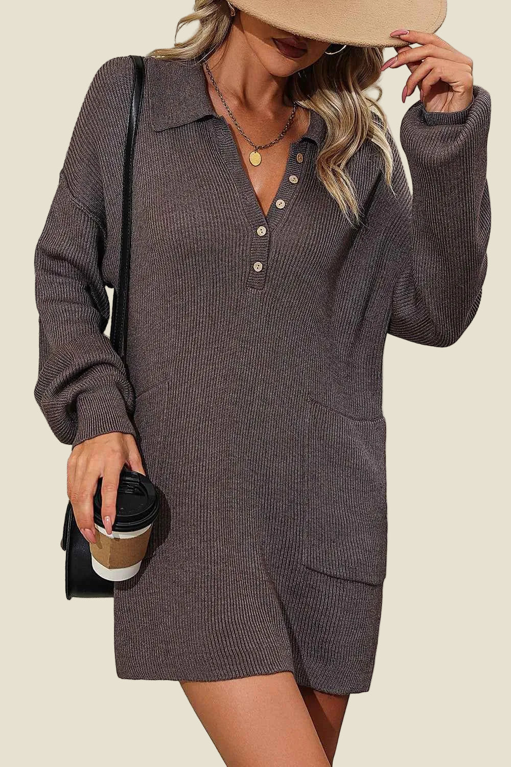 Collared Sweater Dress with Pockets
