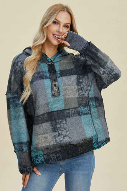 DT Plaid Dropped Shoulder Fleece Hoodie