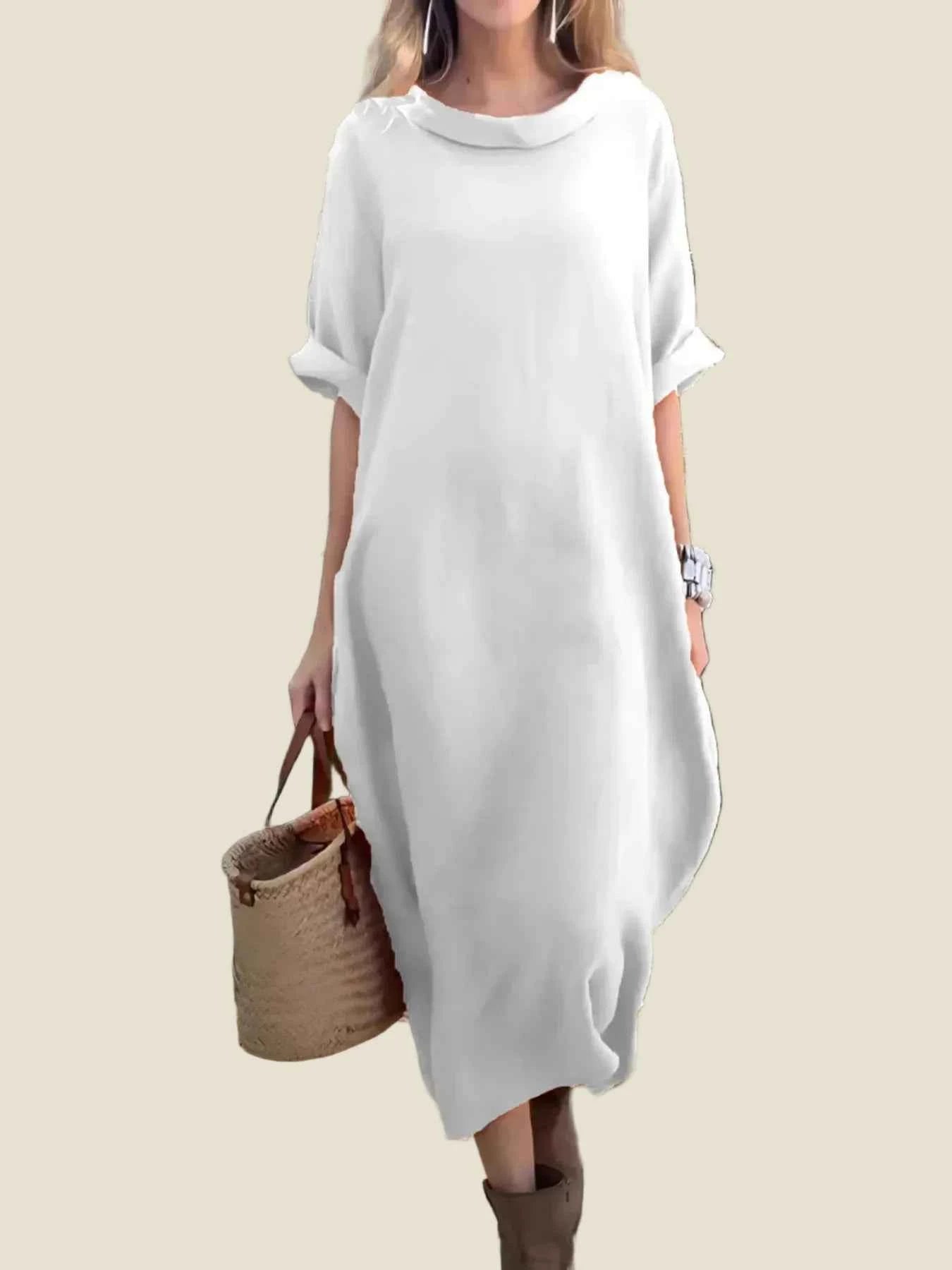 Boho Midi Dress Oversized Round Neck Casual Dress