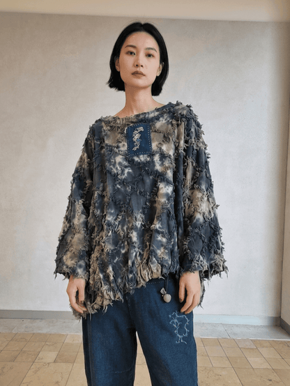 women_fashion - littlescollectionblouseVintage Linen Tie - Dye Long Sleeve Top Womenvintage linen blouse