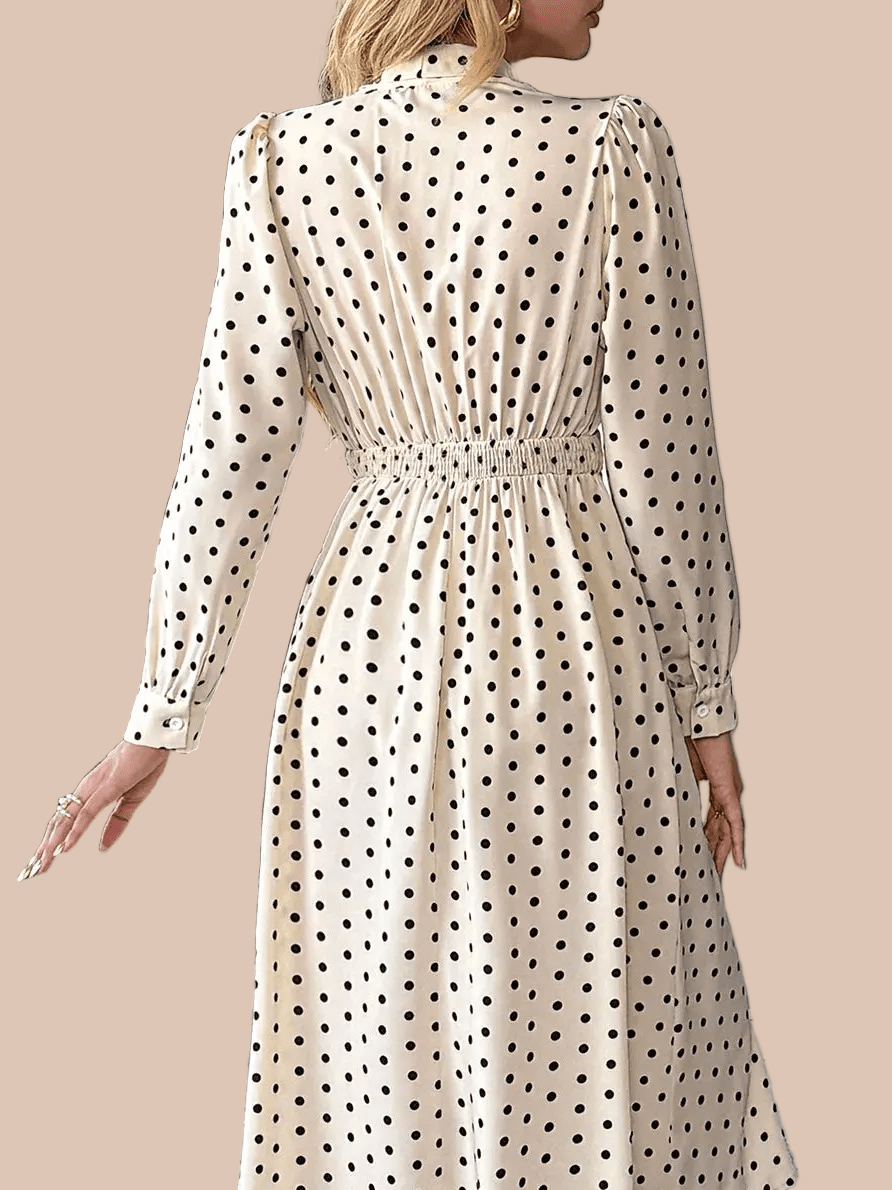 BohoLittlesEdit - Evening Gown - Vintage Polka Dot Tie Front Long Sleeve Midi Dress Women