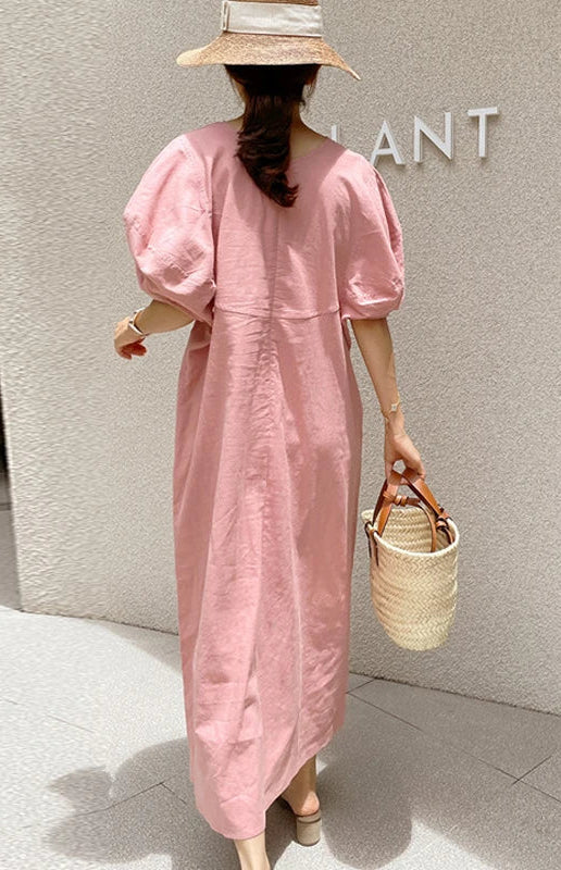 French Vintage Balloon Sleeve Crew Neck Dress Women