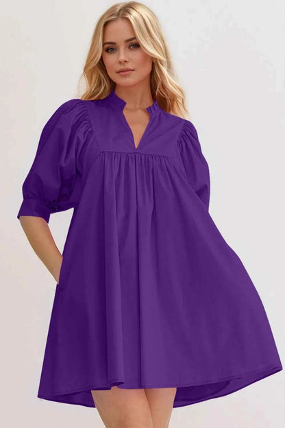 women_fashion - littlescollectionCotton dressFrill Notched Puff Sleeve Babydoll Mini Cotton DressBaggy dress cotton
