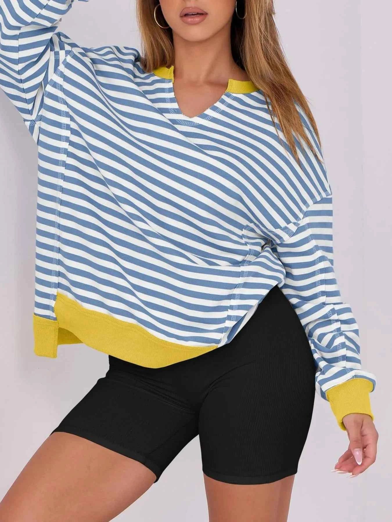 women_fashion - littlescollectionSweatshirt womenNotched Long Sleeve Oversized Contrast Trimming SweatshirtShip From Overseas