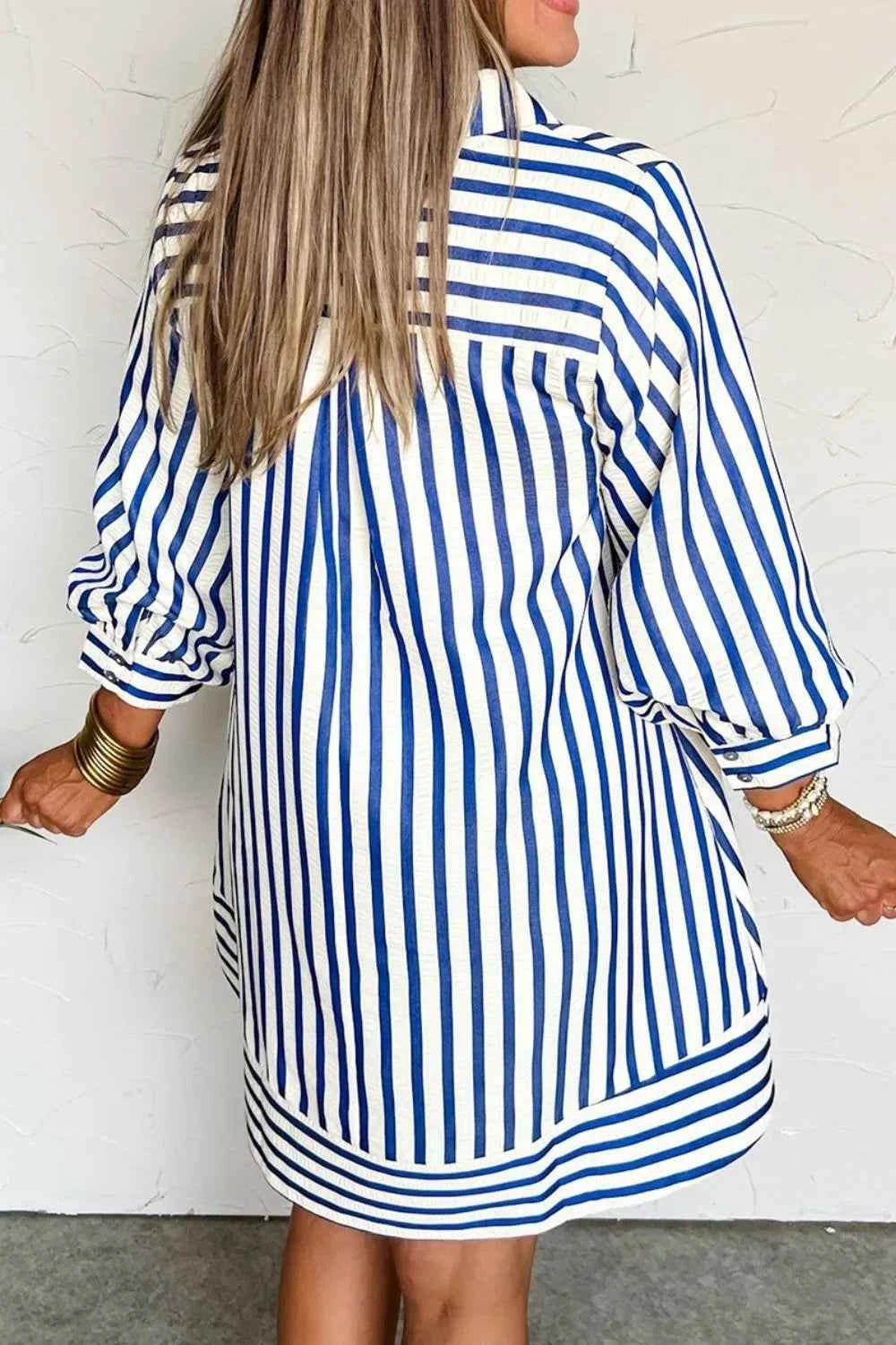women_fashion - littlescollectionshort dressBlue Striped Button Front Relaxed Fit Cotton Dressbaggy dresses women