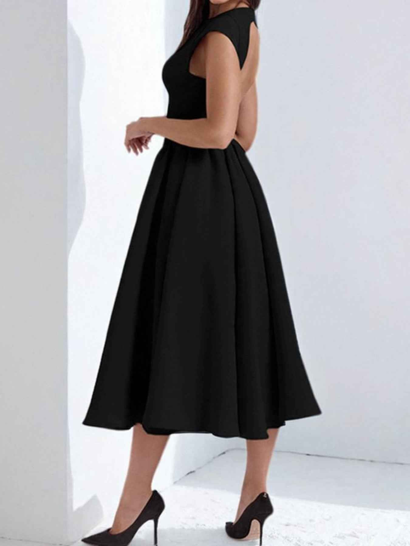 Backless A-Line Midi Dress Cap Sleeve Plus Size Women black
