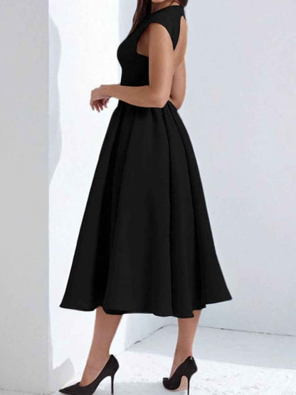 Backless A-Line Midi Dress Cap Sleeve Plus Size Women black
