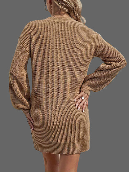 V-Neck Dropped Shoulder Mini Sweater Dress