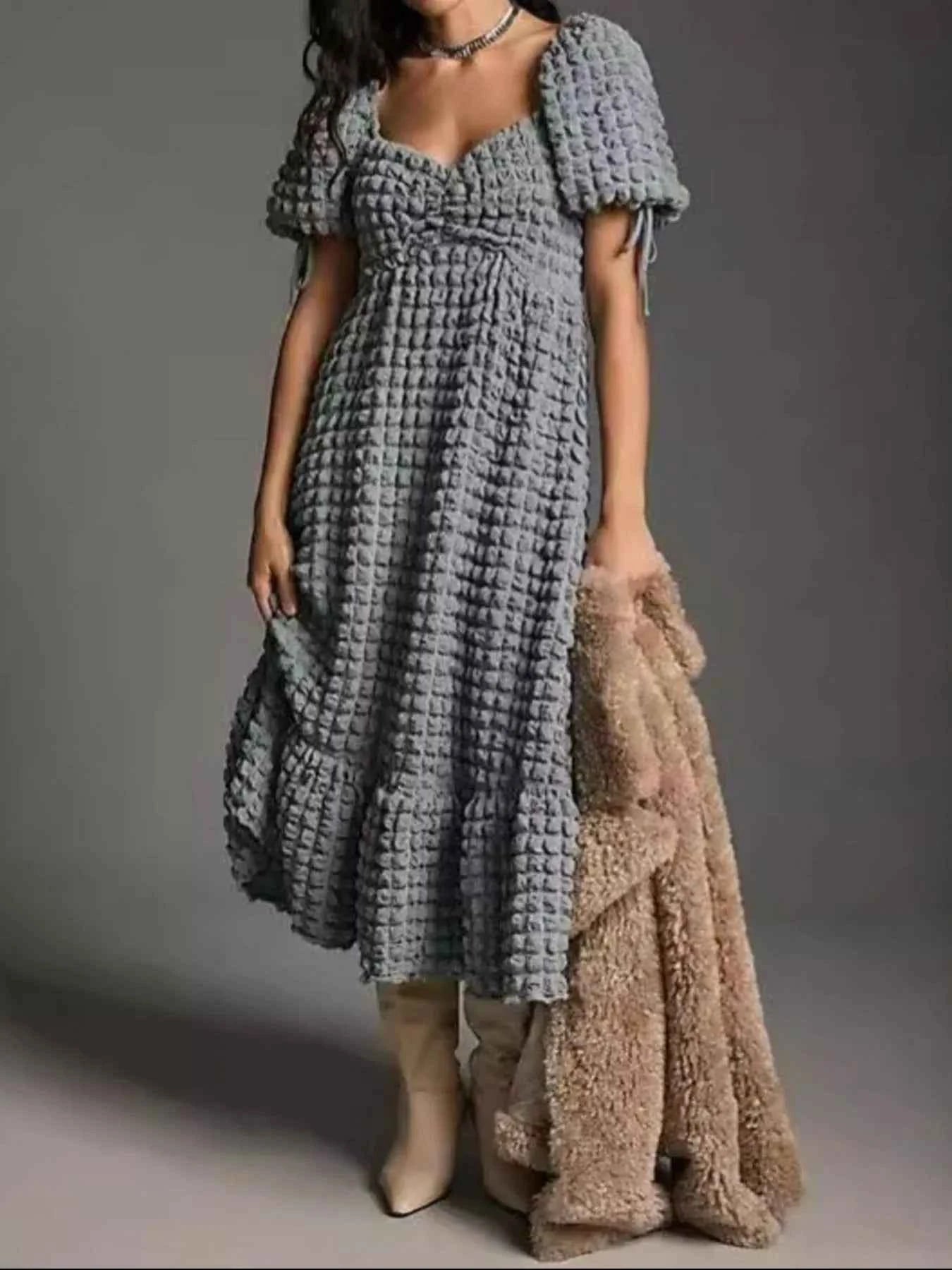 women_fashion - littlescollectionDressSweetheart Neck Puff Sleeve Vintage Textured DressShipping delay Feb 1 - Mar 1